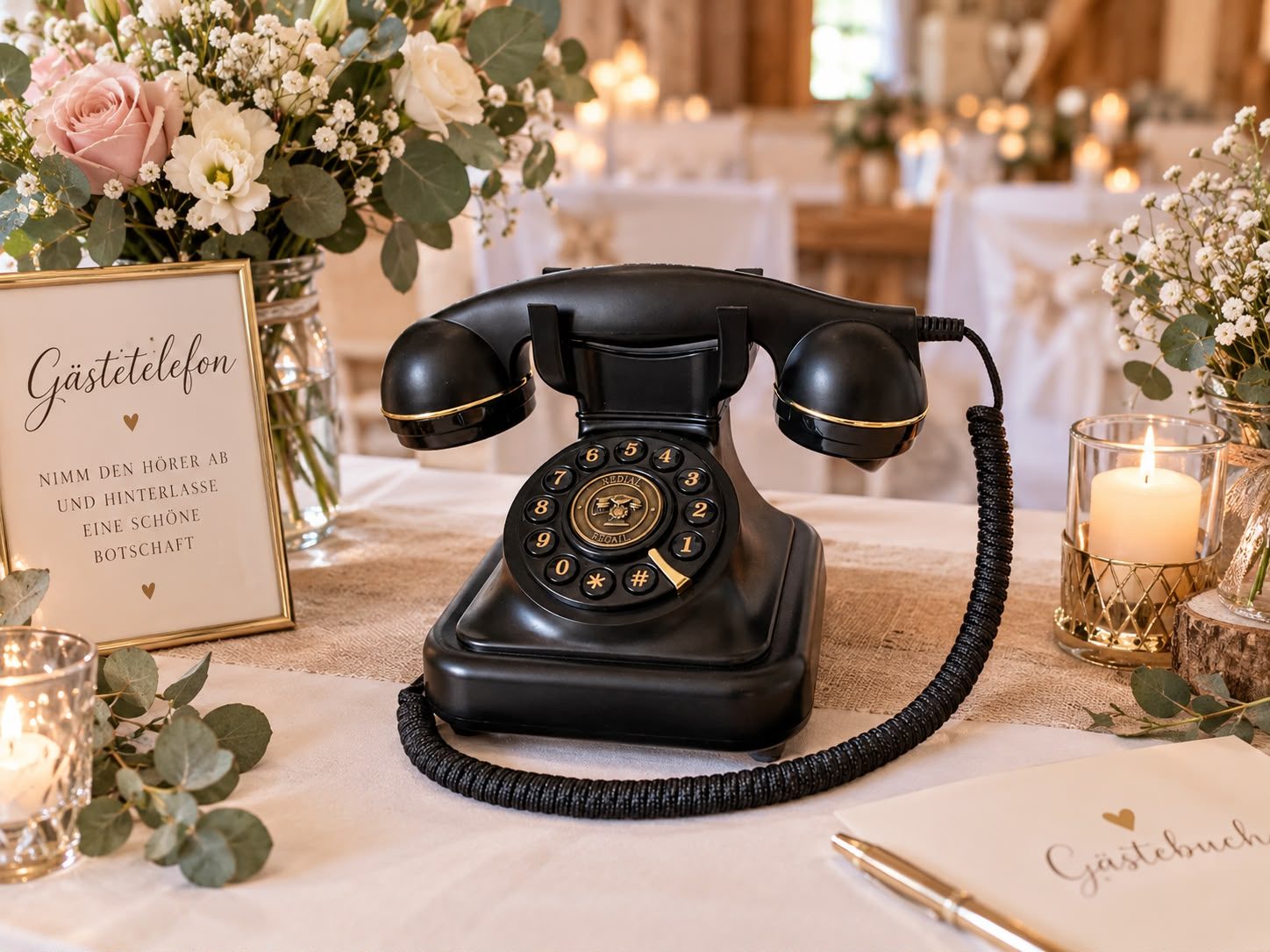 Schwarzes Retro-Telefon mit Wählscheibe als Audio-Gästebuch auf einem festlich dekorierten Tisch mit Blumen und Kerzen